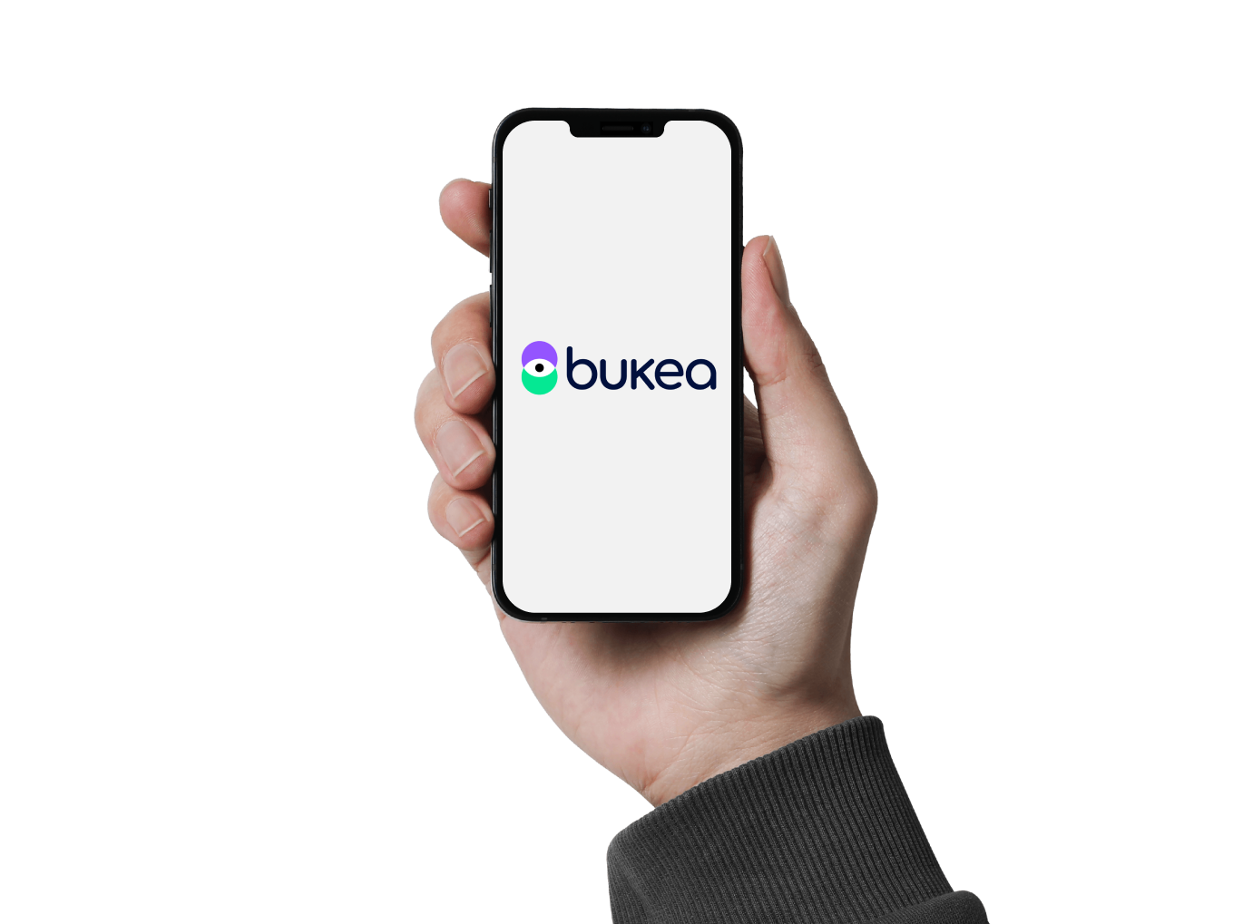 Hand holding a cellphone whit Bukea logo